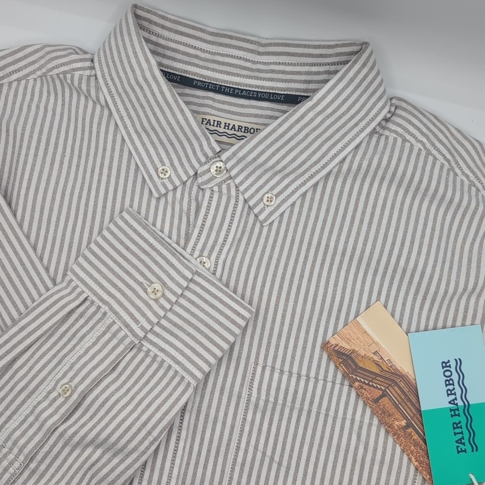Fair Harbor Salty Oxford Long Sleeve Button Down Shirt Men's L Oak Stripe NWT